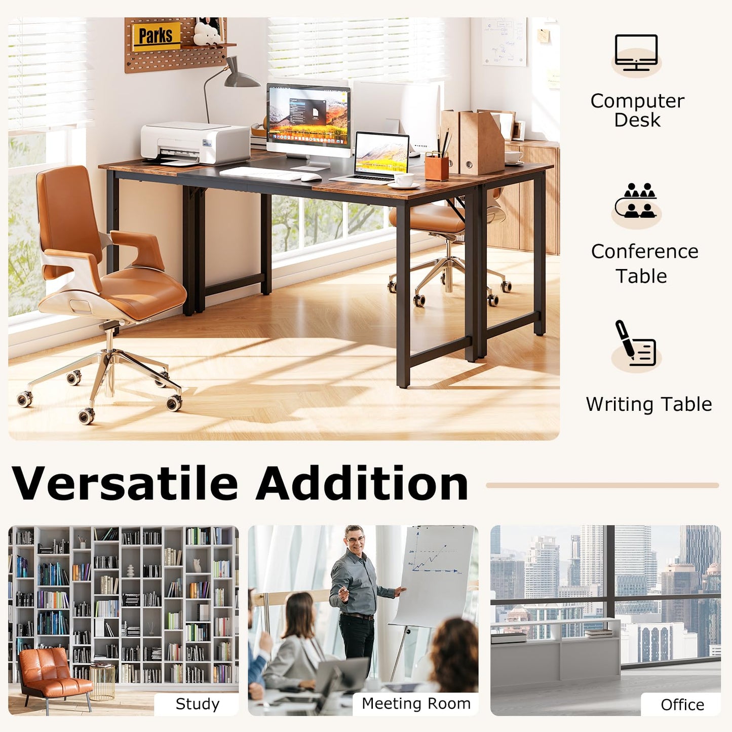 Tangkula 63 Inch Large Home Office Computer Desk, Study Writing Desk with Heavy Duty Metal Frame, Spacious Conference Desk, Industrial Computer Table Workstation