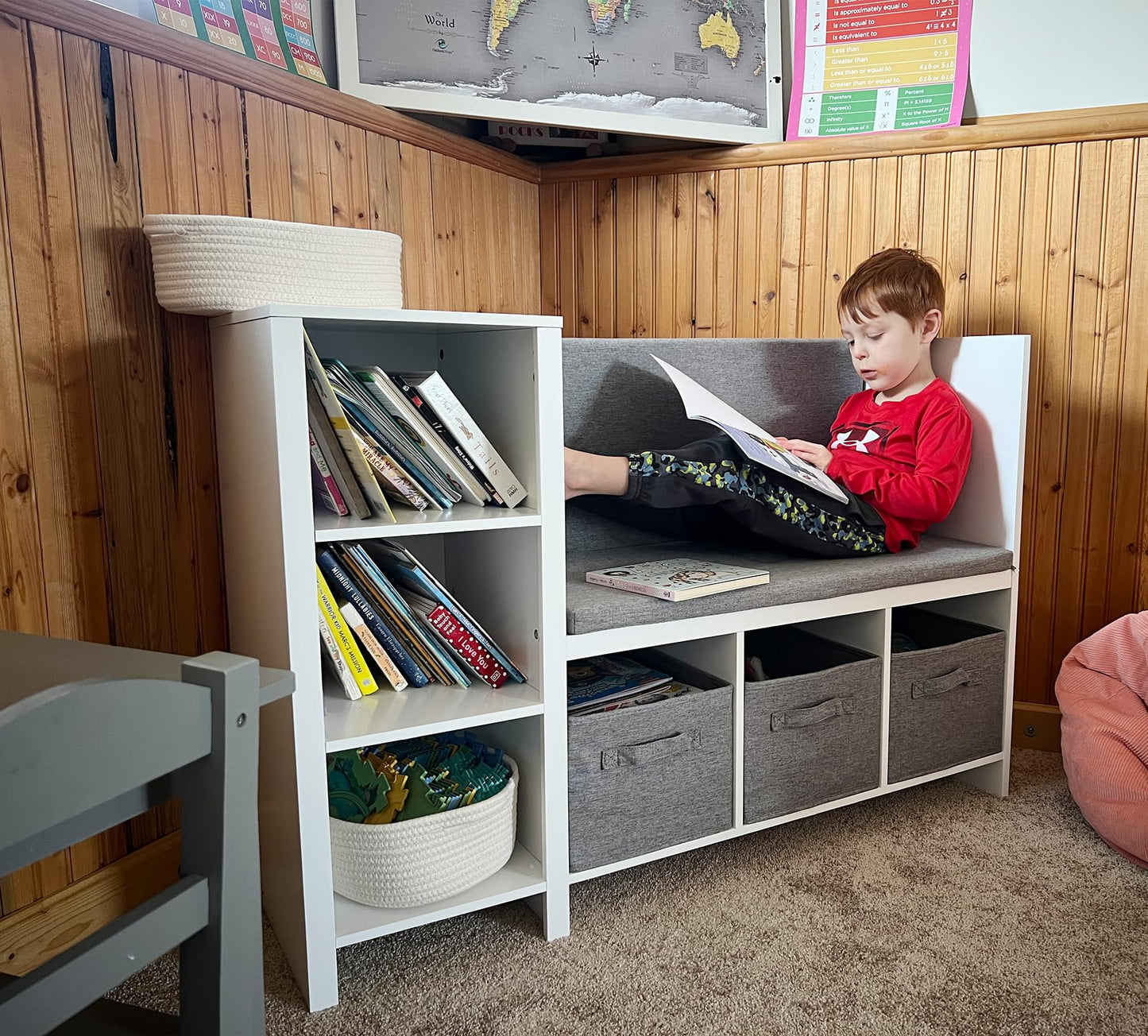 UTEX Kids Reading Nook Bench with Bookshelf, Kids Bookcase and Storage Organizer with Seat Cushion, Reading Bench with Bins for Bedroom & Entryway, White