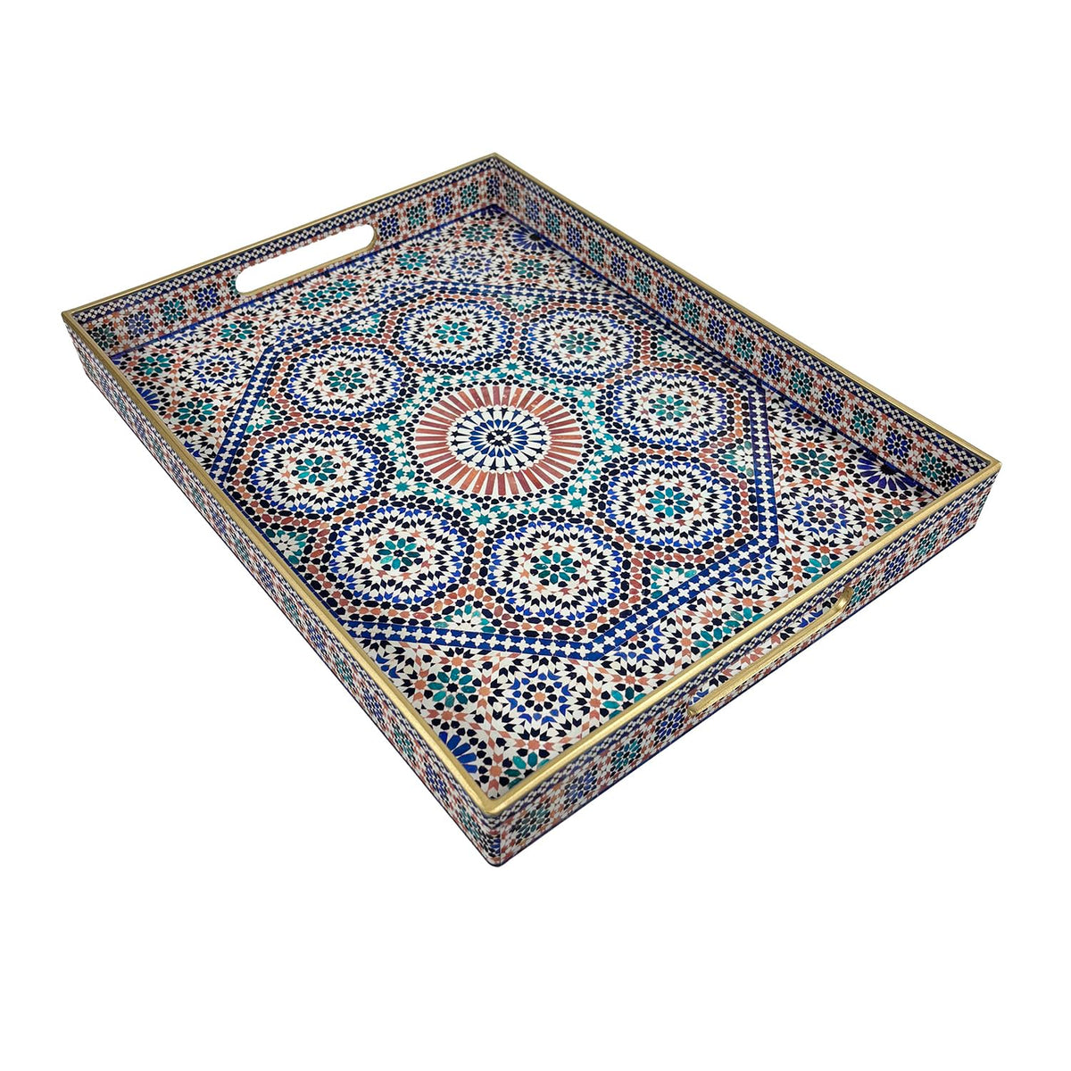 Plastic Coffee Trays,Serving Tray,Bohemian Blue Tray,15.7" L x 11.8" W x 1.57" H,Lightweight and Non-Slip with Handles,Perfect for Restaurants,Cafés,and Home Use(Rectangle Bohemian Blue)