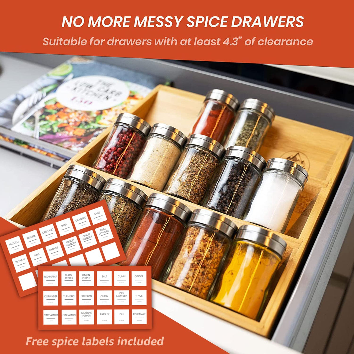 Pinnacle Cookery Bamboo Spice Rack Organizer for Countertop - Eco Friendly Seasoning Organizer 3-Tier Spice Shelf - Space Saving Wooden Spice Rack