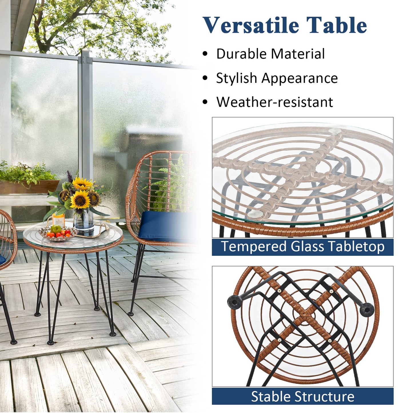 Tangkula 3 Pieces Patio Conversation Bistro Set, Outdoor Wicker Furniture w/Round Tempered Glass Top Table & 2 Rattan Armchairs, Bistro Chat Set w/Seat Cushions for Porch, Backyard, Garden