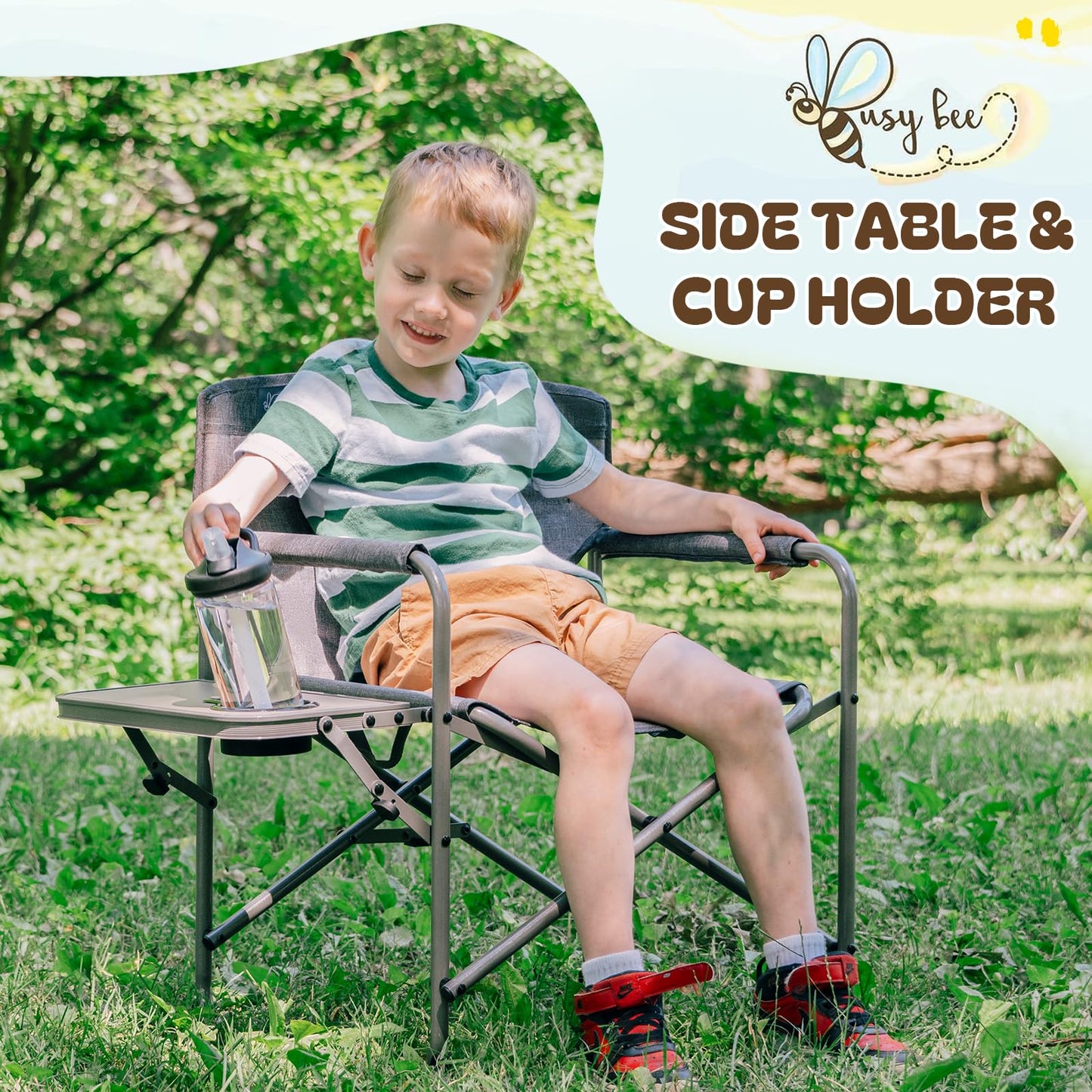 Busy Bee Kids Director Camping Chair with Foldable Side Table, Lightweight, Flat Folding, Compact and Portable, Perfect Kid Beach Chairs, Supports 150 Lbs.