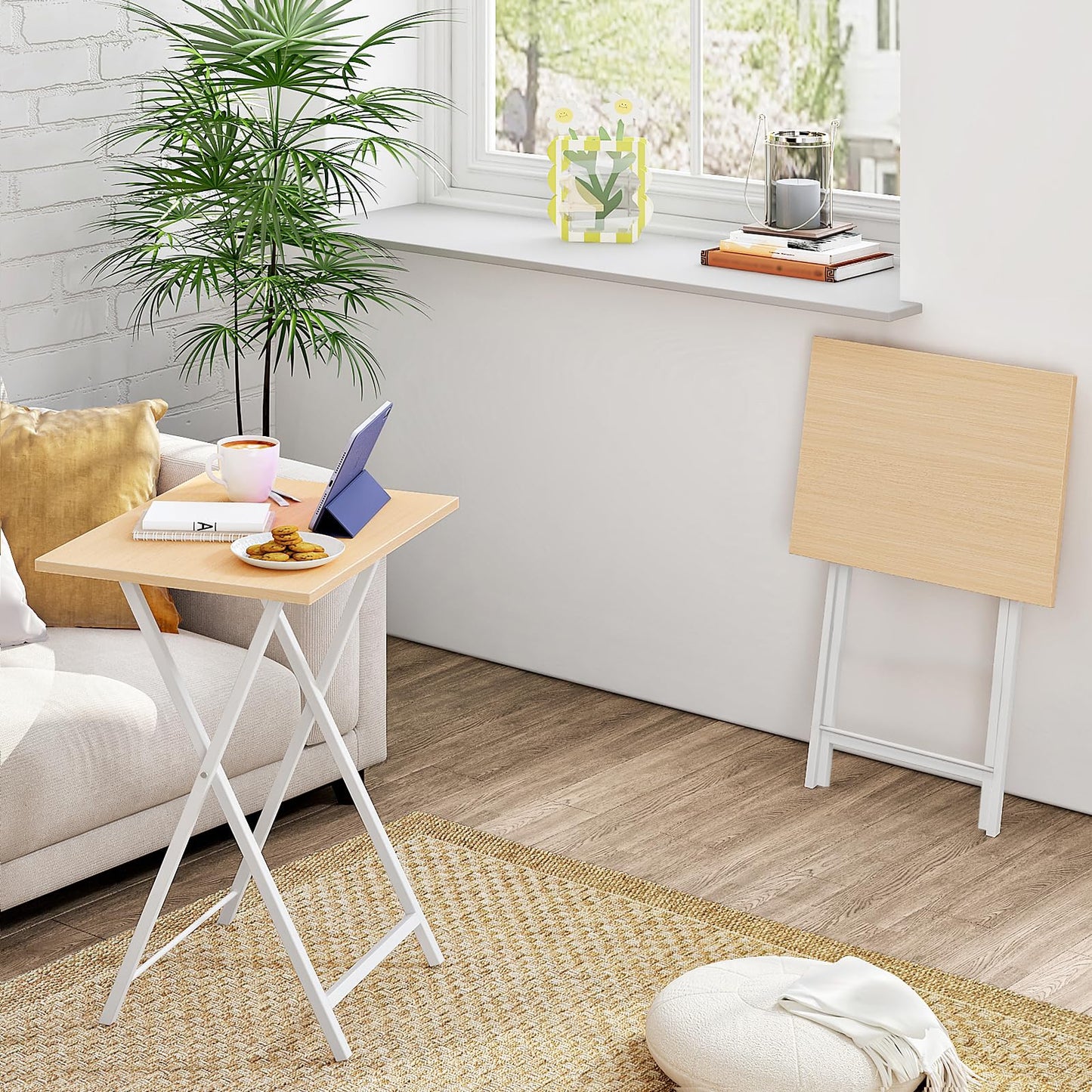 HOOBRO Folding TV Tray Tables, Set of 2 Side Table for Small Space, Industrial Snack Tables for Eating at Couch, Stable Metal Frame, Easy Assembly, Space Saving, Natural and White WN25BZ01