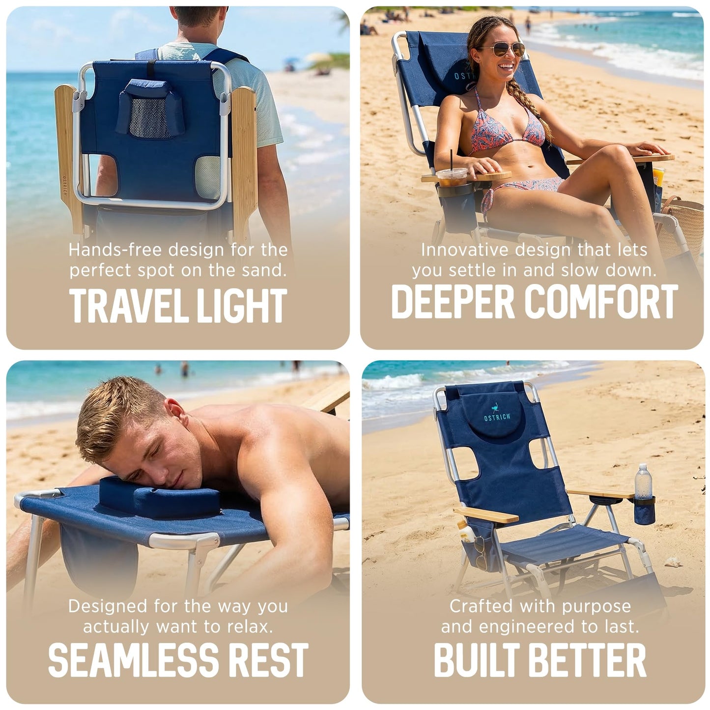 Ostrich the Woody Backpack 3N1 Portable Chair with Cooler Bag and Reclining Lounger for Tanning, Camping, Beach, and Outdoor Essential, Navy Blue