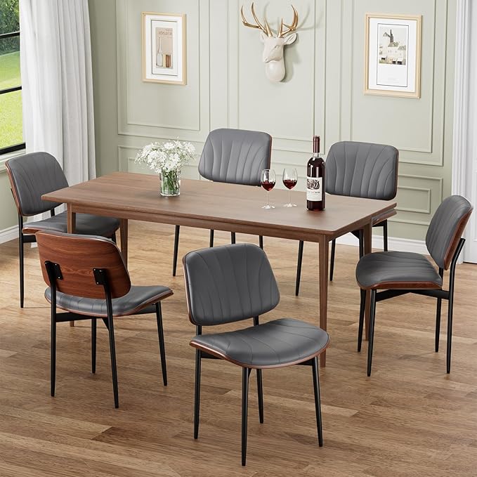 REONEY Dining Chairs Set of 6, Mid-Century Modern Upholstered PU Leather Chairs