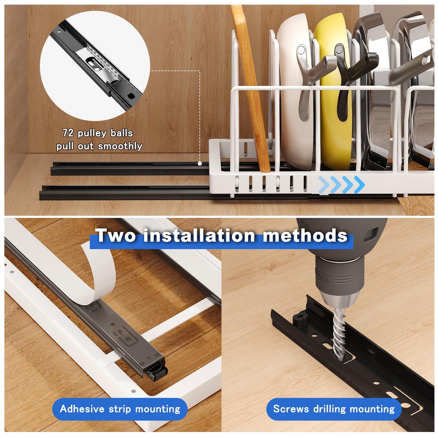 Mustorn 2 Pack Pots and Pans Organizer Under Cabinet, 21.6" Deep Pull Out Pot Lid Organizer Holder with Guardrail Adhesive Pot and Pan Holder Rack with 10 Adjustable Dividers(White)