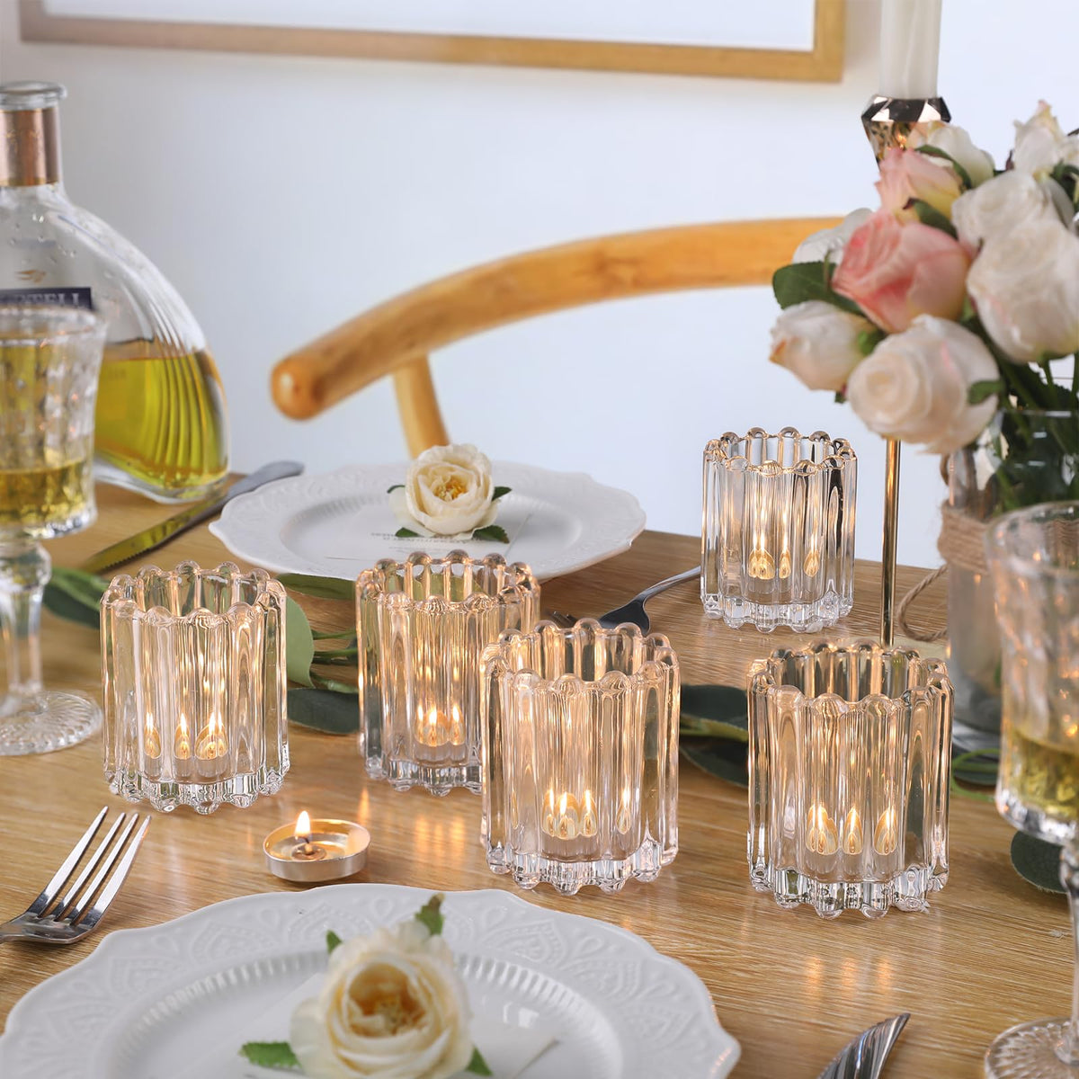 HAVITI Glass Clear Votive Candle Holder, Ribbed Votive Candle Holders Set of 6, Tealight Candle Holder for Wedding Centerpieces Dinner Party Table Decor