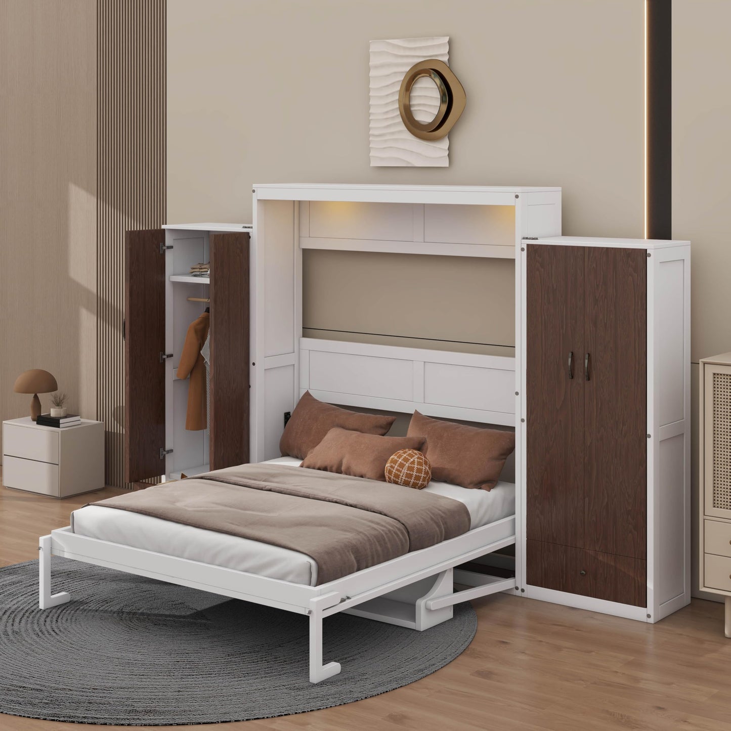 YunNianYang White Murphy Bed Wall Bed with Closet,Drawers and Table (Queen)