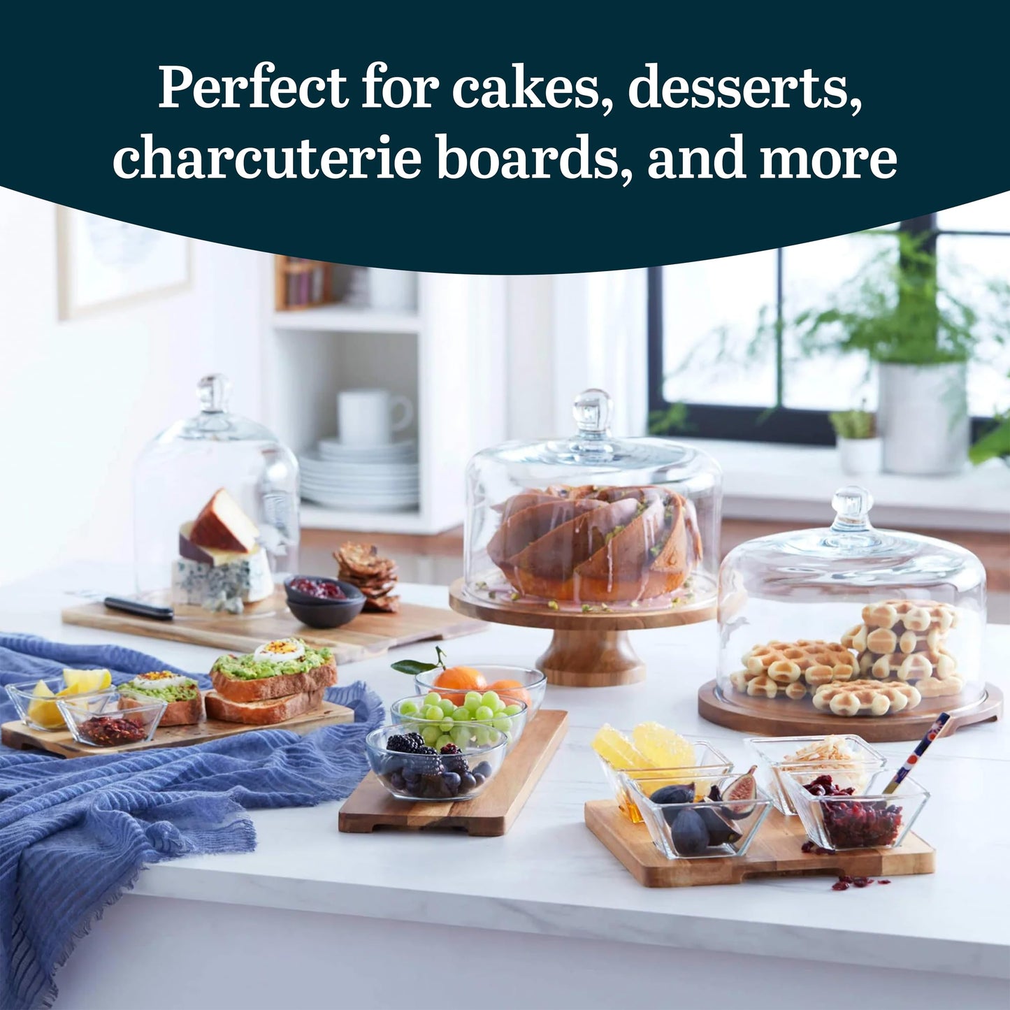 Libbey Acacia Wood Cake Stand with Lid, Footed Cake Stand With Cover, Durable Ball Top Handle Glass Dessert Dome