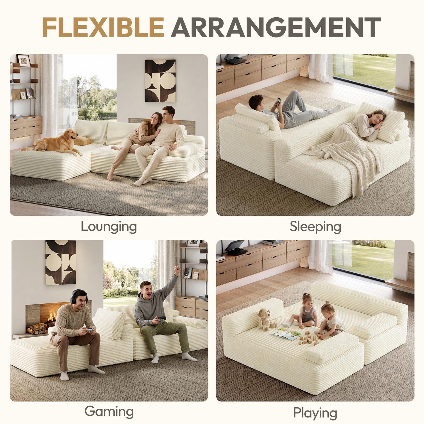 Yaheetech 110" Modular Sectional Sofa Corduroy Boneless Couch with Chaise L-Shape Cloud Couch with Detachable Pillows No Assembly Sofa for Living Room, Beige