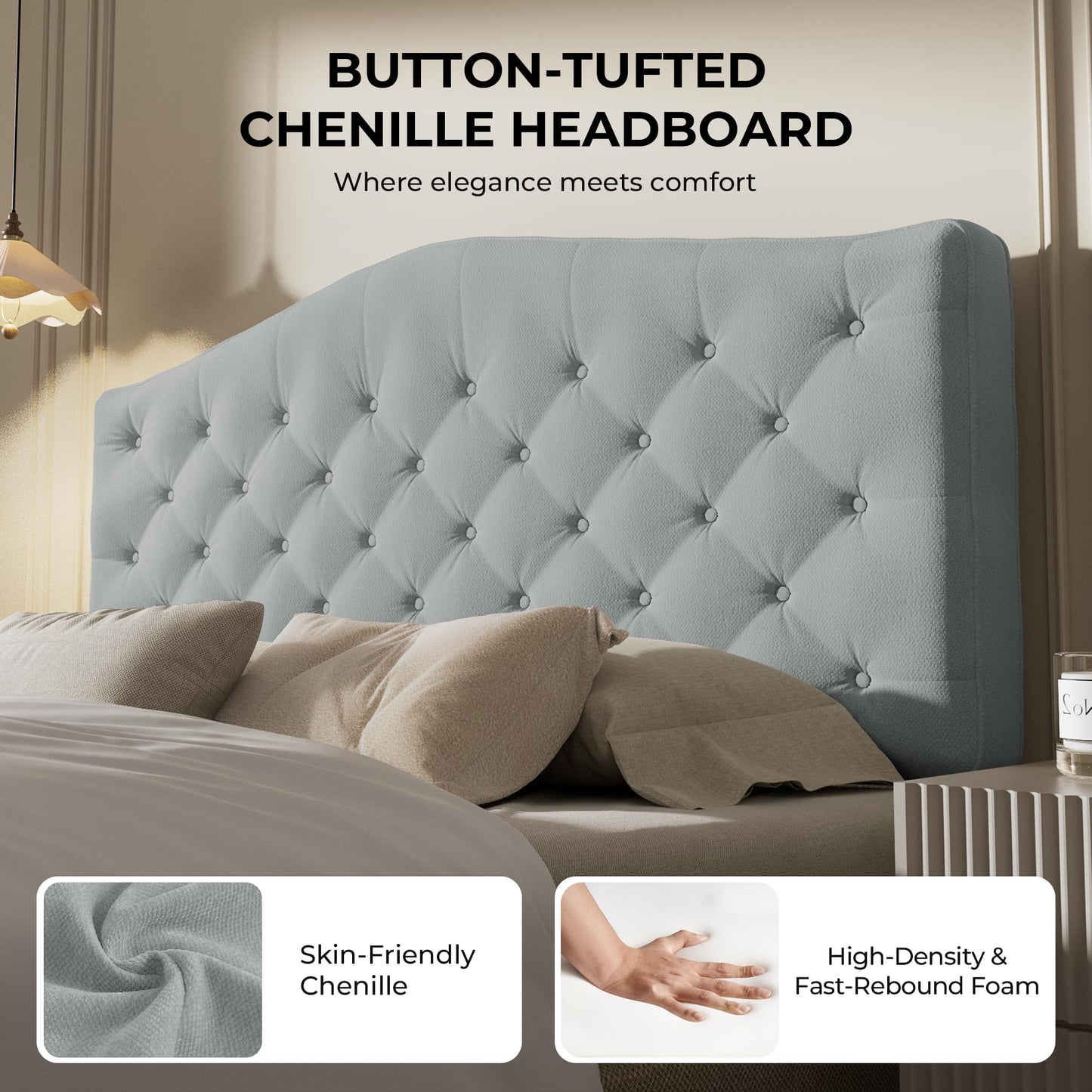 HOMRELEXA Upholstered Headboard Queen Size with 4" Thickened High-Density Sponge, Modern Button-Tufted Queen Headboard Only, Luxury Chenille Fabric, Easy Assembly, Grey