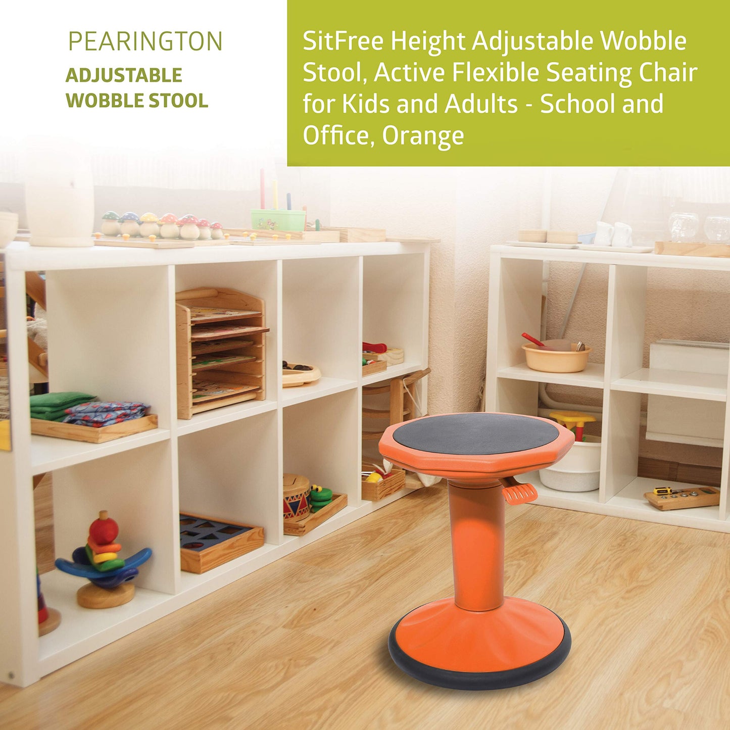 Pearington SitFree Height Adjustable Wobble Stool, Active Flexible Seating Chair for Kids and Adults - School and Office, Orange