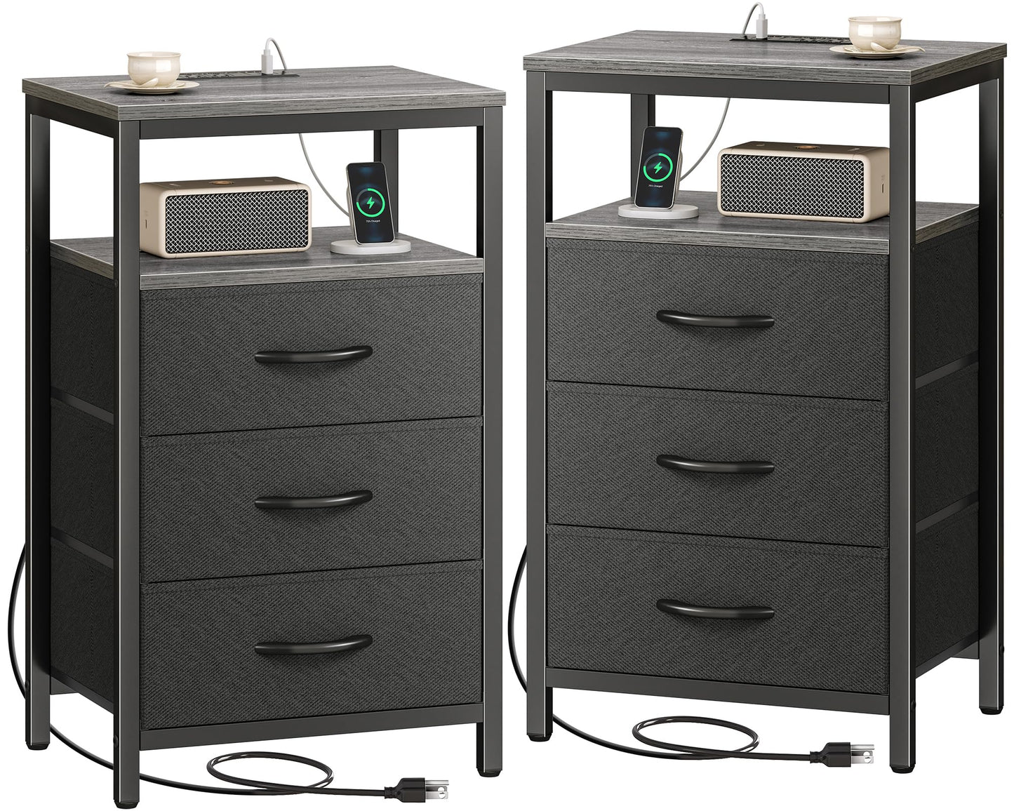 Huuger Nightstands Set of 2, 27.6 Inch End Tables with Charging Station, Fabric Drawers, Bedside Tables with USB Port and Outlet, Night Stands for Bedroom, Charcoal Gray