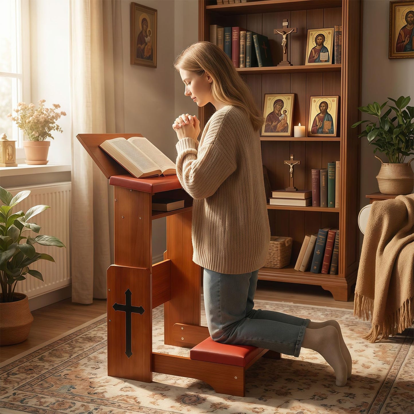 Fanwer Folding Prayer Bench for Home Use - Adjustable Wooden Kneeler for Prayer & Meditation, Compact Kneeling Altar with Bookshelf for Church, Chapel, or Personal Devotion