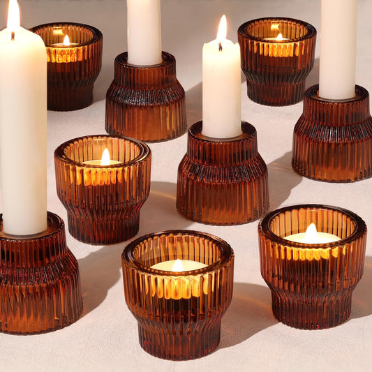 HAVITI 12 Pack Amber Taper Candle Holders, Glass Candlestick Holders, Tea Light Candle Holder for Fall Wedding Centerpieces Table Decorations, Votive Candle Holders for Table Decor