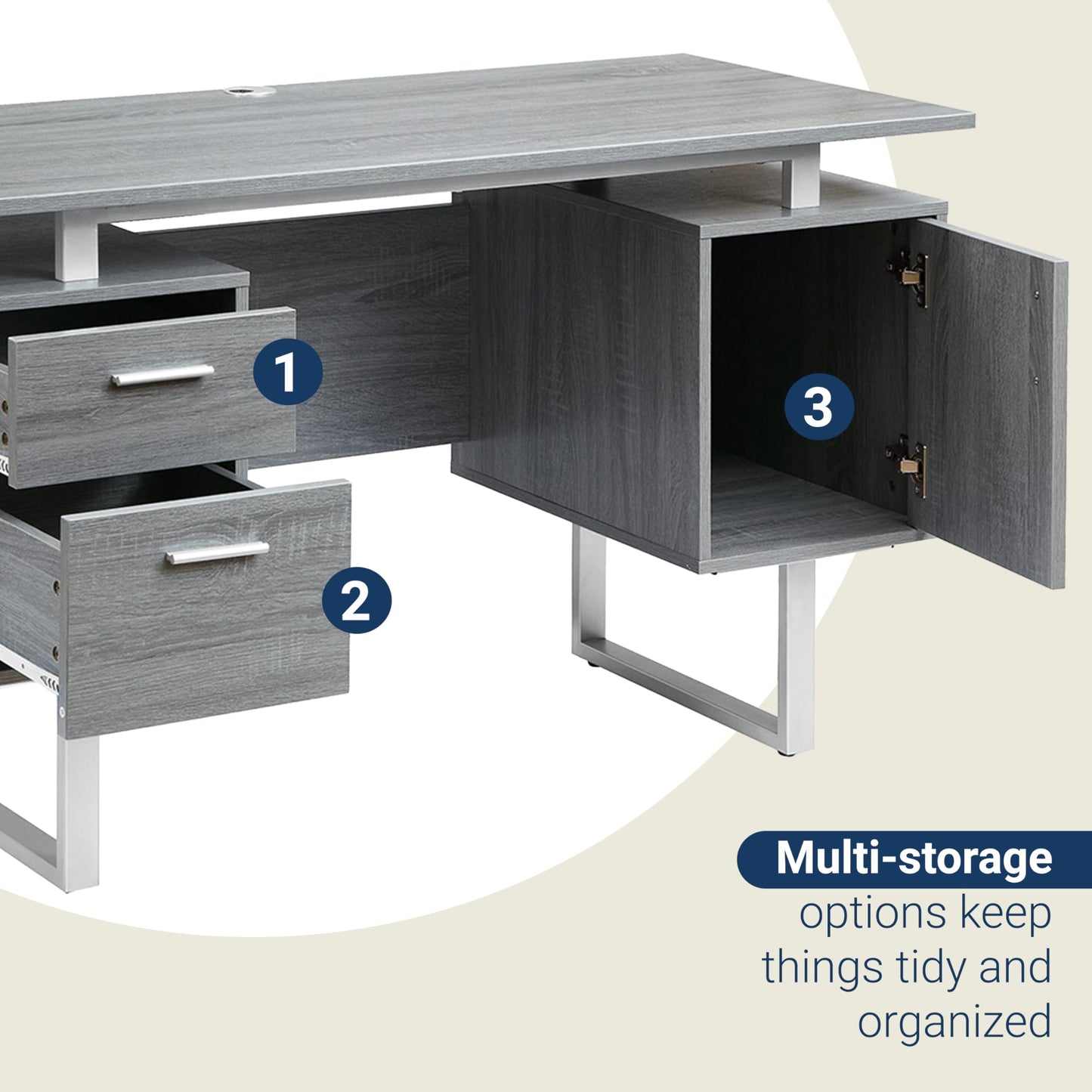 Techni Mobili Modern Office Desk with Storage, Gray