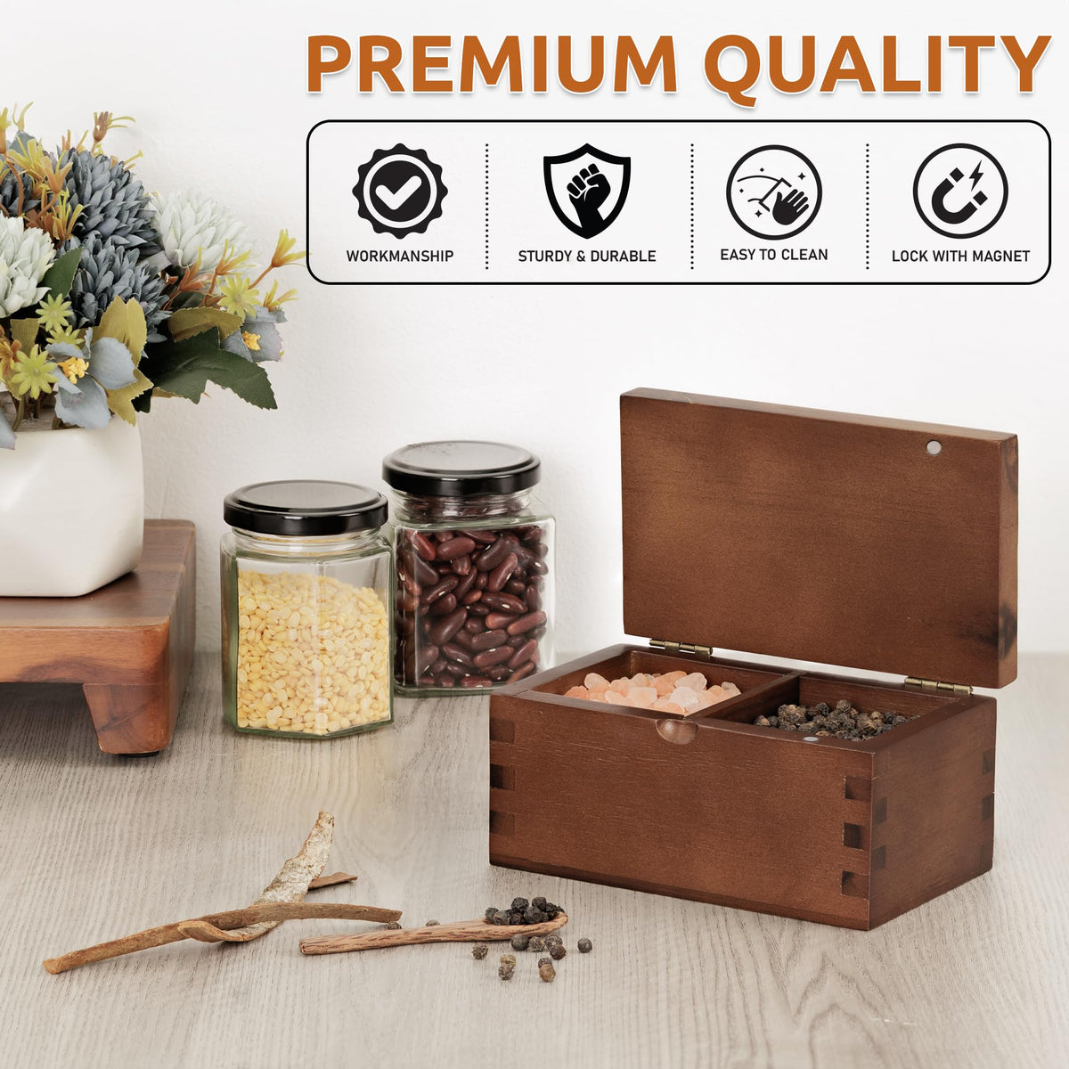 Demigo Salt Cellar Acacia Wood Salt Box with Flip Lid, 5.6x3.6x3 Inches 20 oz Large Storage Space, Perfect Container for Keeping Salt, Spice, Herbs or Favorite Seasonings (Dark Brown)