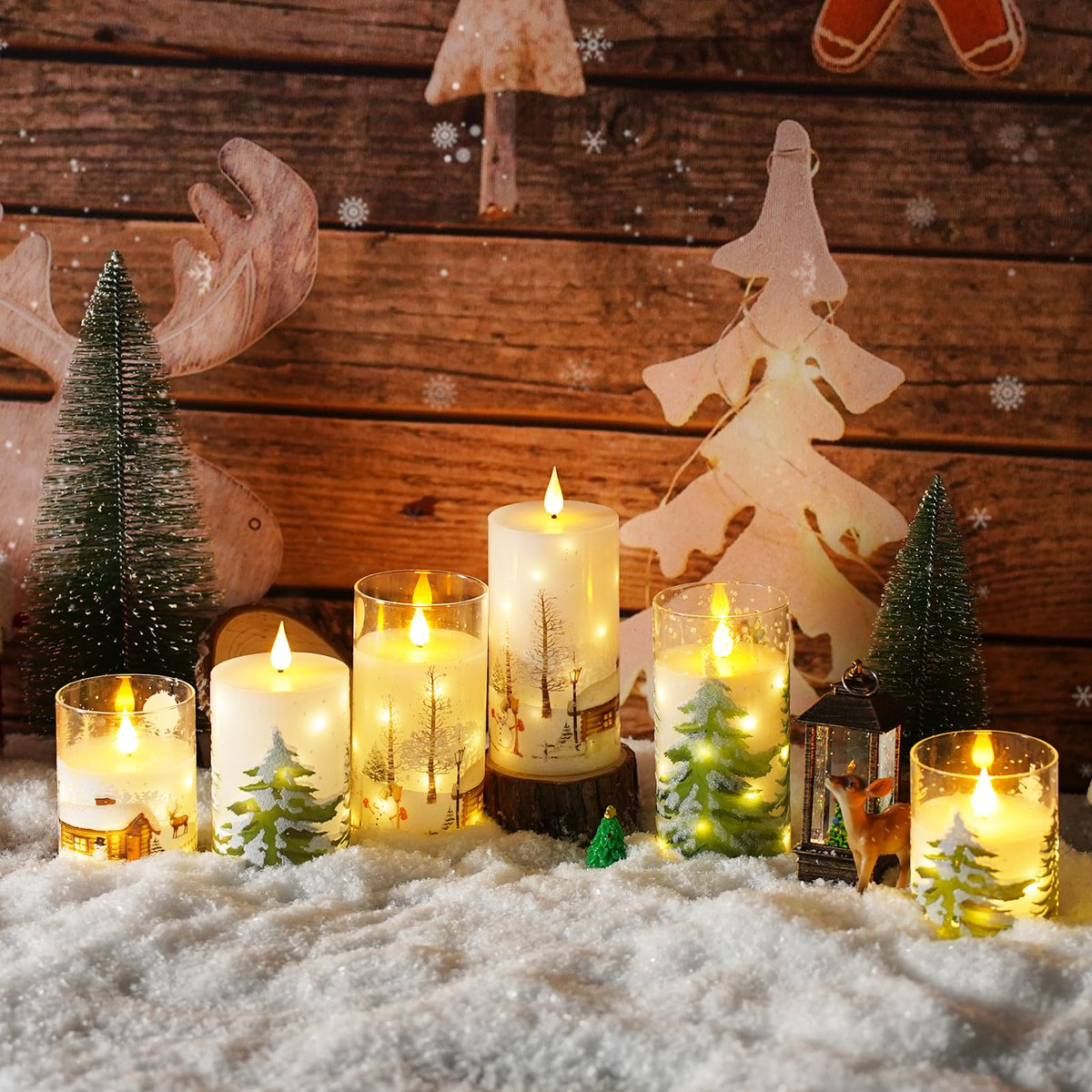 Christmas Flameless Candles with Remote - White LED Candles & String Lights, Battery Operated Set of 3 (D3 x H4/5"/6") for Window Decor, Christmas Decorations,Living Room Decoration
