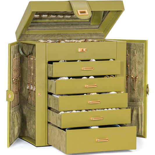 AKOZLIN 6-Tier Jewelry Box Organizer Functional 5 Drawers Leather Jewelry Storage Case for Women Girls Ring Necklace Earring Bracelet Holder Organizer with Mirror Medium Green