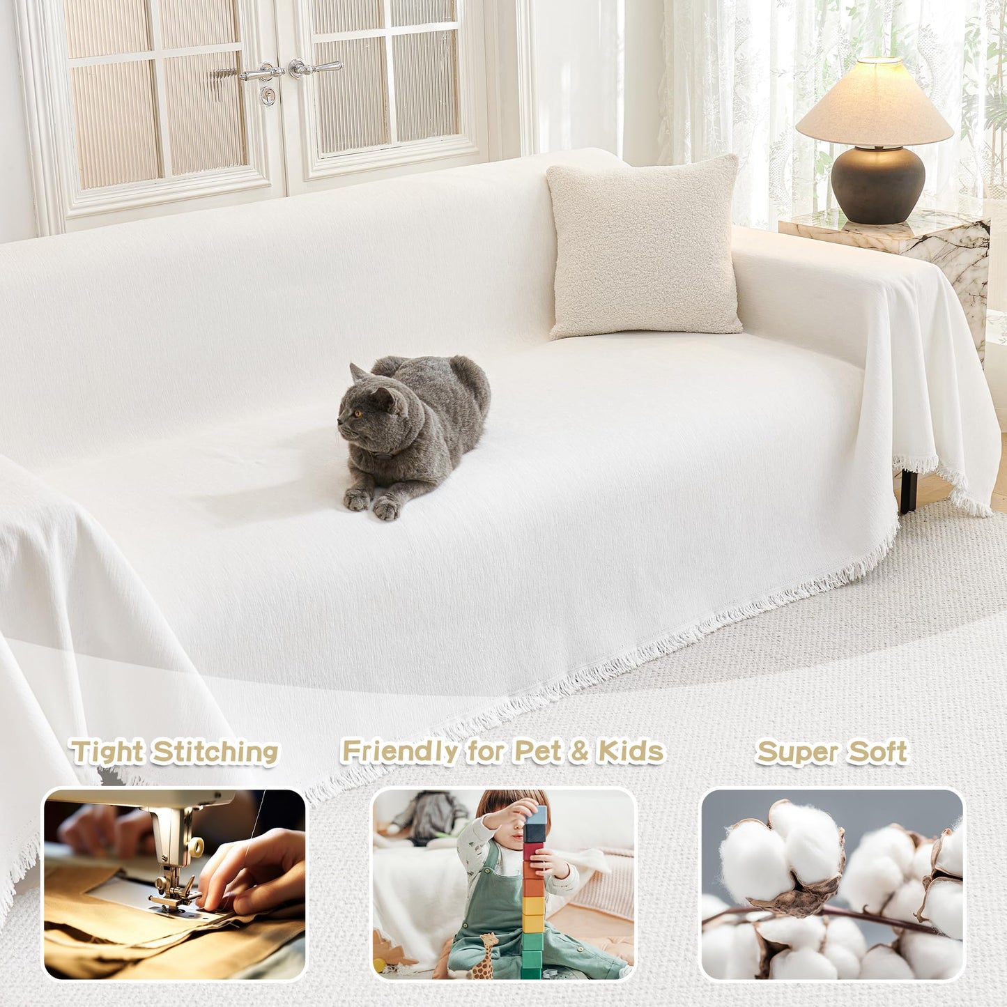 MYSKY HOME Couch Covers for Pets Thick Chenille White Cream Sofa Slipcover with Tassel Non Slip Soft Couch Sofa Cover, Washable Furniture Protector Sofa Slipcover with Tassel for Kids, Dogs, 91"x118"