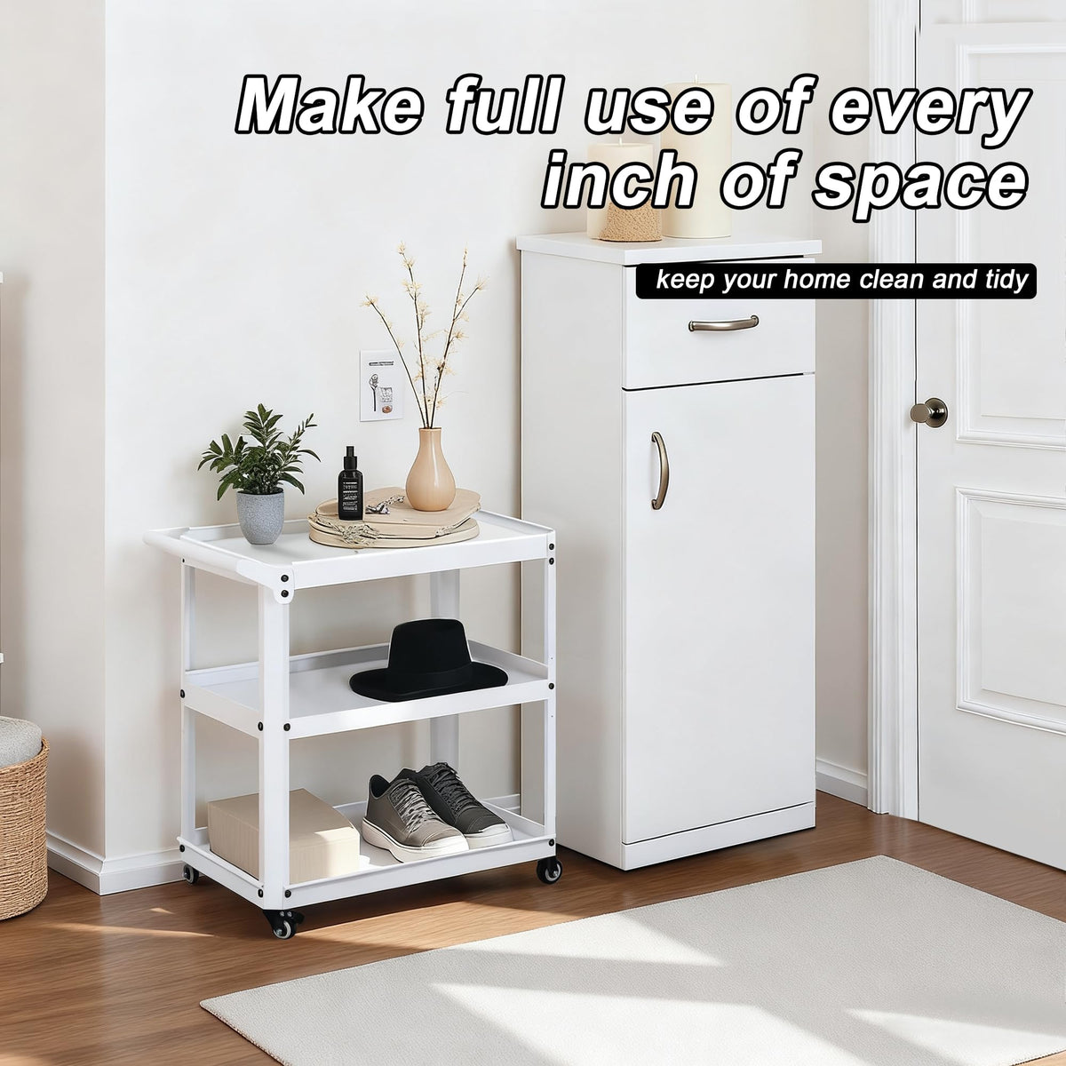 XCX 3 Tier Metal Utility Rolling Cart with Wheels, Heavy Duty Storage Organizer Trolley Cart for Kitchen, Bathroom, Office, Bedroom – Multi-Purpose 330Lbs Capacity Utility Cart on Wheels, White