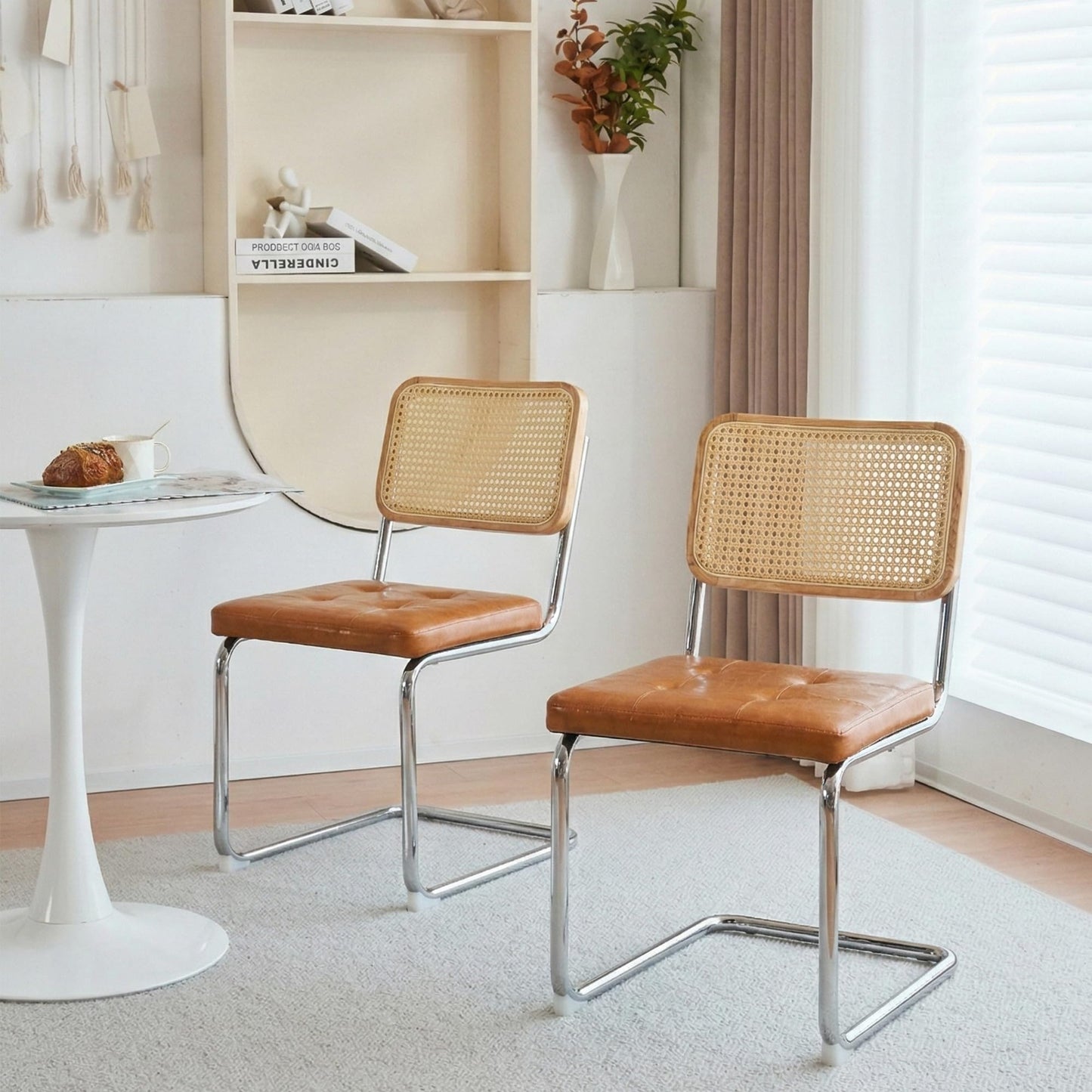 Niusonlan Rattan Cantilever Dining Chair, Single Modern Armless Chair with Chrome Steel Frame, PU Leather Seat and Rattan Backrest, 17.7" Seat Height Kitchen & Dining Room Chair (Brown, Set of 2)