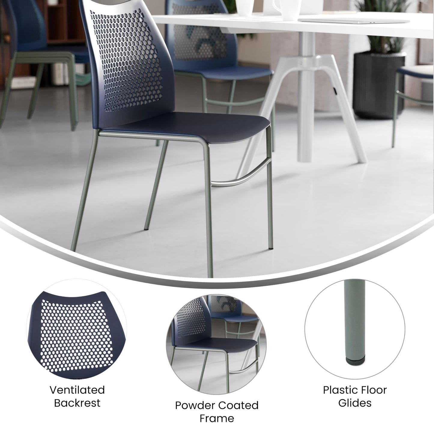 Flash Furniture Hercules Stacking Chair with Vented Backrest and Gray Powder Coated Steel Legs with Integrated Support Bar, Commercial Portable Chair - Set of 5, Navy