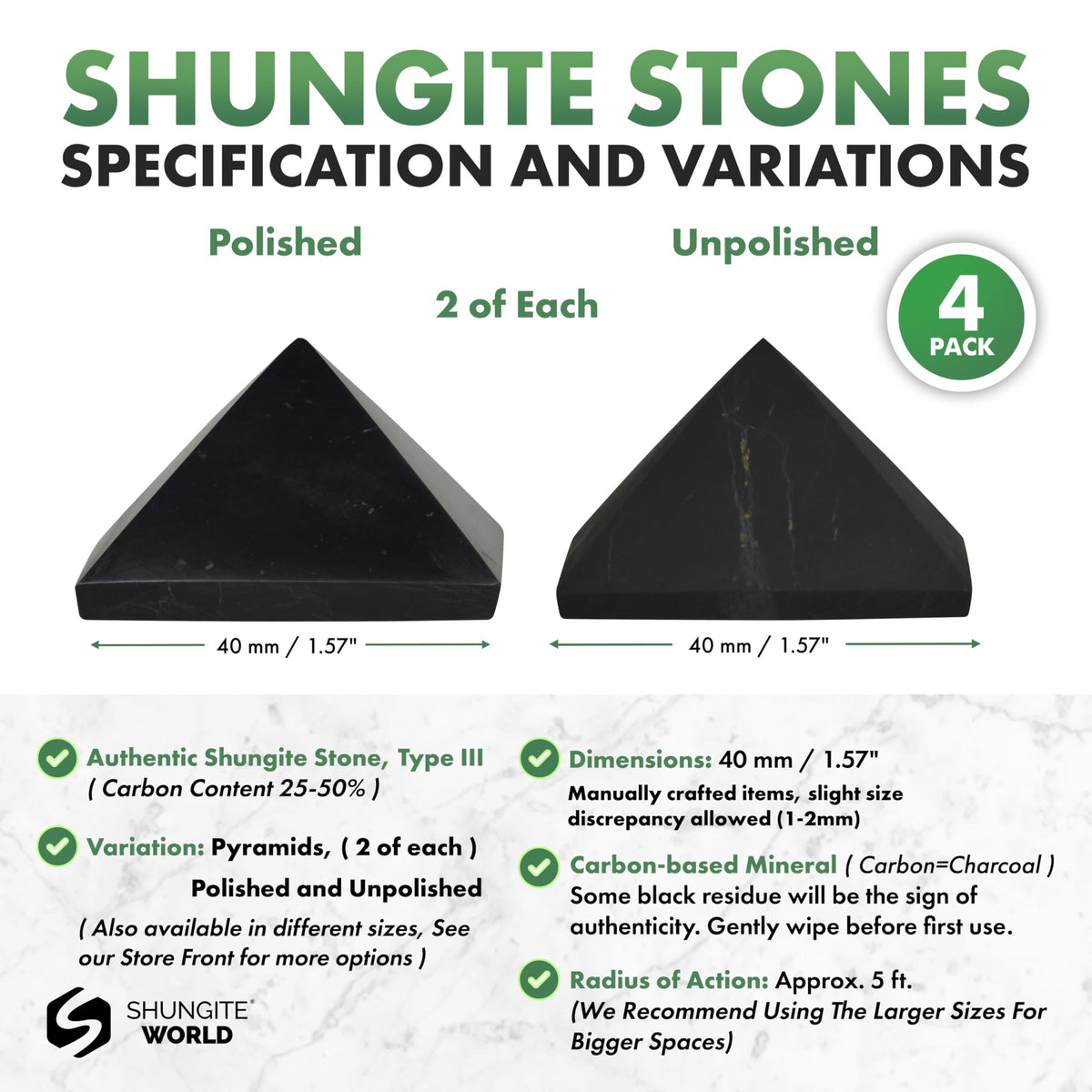 Shungite World 4 pcs Authentic Shungite Pyramids Set Polished and Unpolished 40 mm / 1.57" Chakra Energy Natural Healing Crystal Home Office Protection Desk Decor Meditation Reiki Grounding Stone