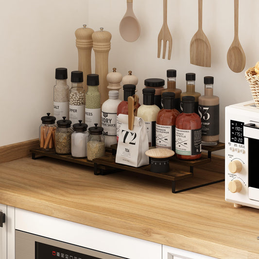 Furinno Ravel Expandable Kitchen Countertop Organizer Set of 2, 3-Tier Rustic Brown Counter Shelves, Kitchen Storage, Spice Rack, for Kitchen, Pantry, Coffee Bar, Amber Oak