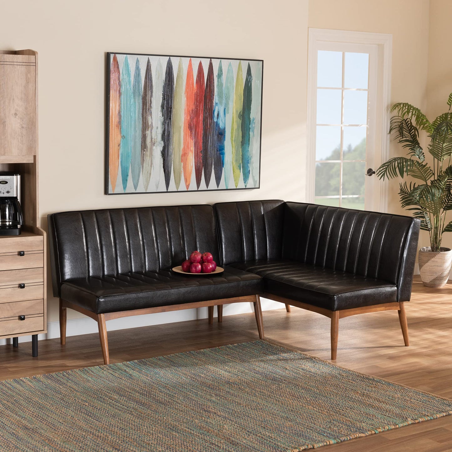 Baxton Studio Daymond Mid-Century Modern Dark Brown Faux Leather Upholstered and Walnut Brown Finished Wood 2-Piece Dining Nook Banquette Set