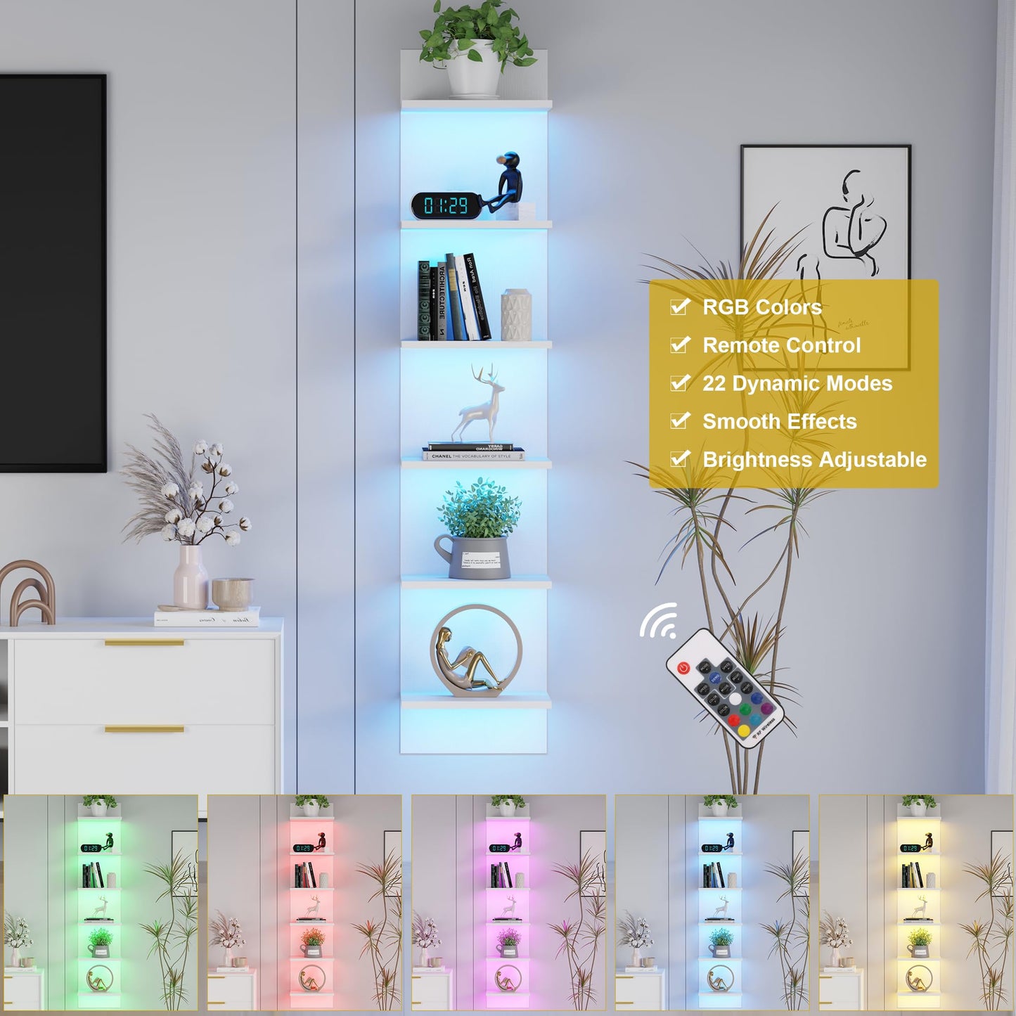 Qupui 6-Tier Wall Shelf with RGB LED Lights, 57" Tall Floating Storage Organizer for Bedroom Living Room Game Room - White Wall Mounted Shelves with 22 Lighting Modes