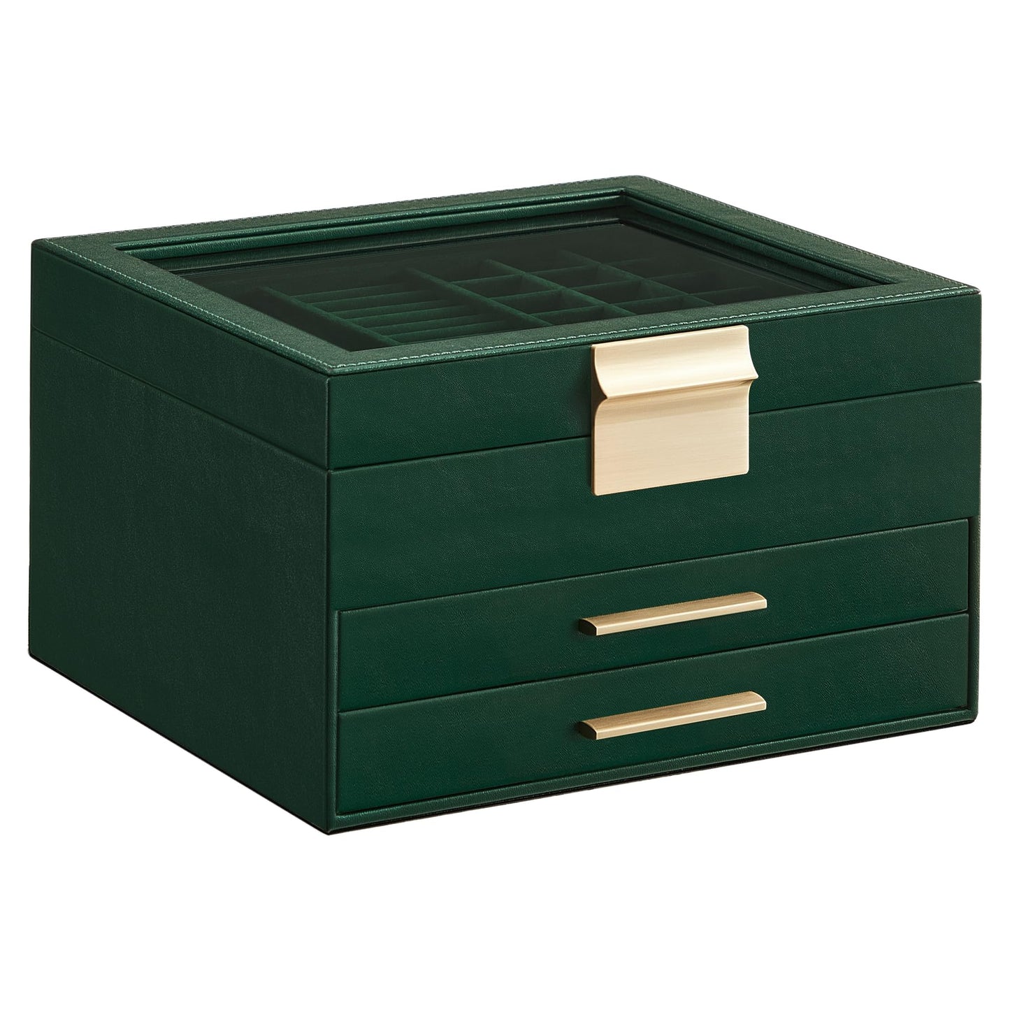 SONGMICS GISELLA Collection - Jewelry Box Organizer, 3-Layer Jewelry Storage with 2 Drawers, Shiny Metal Hardware, Glass Lid, Modern, 8 x 9.1 x 5.3 Inches, Forest Green and Gold Color UJBC239C01