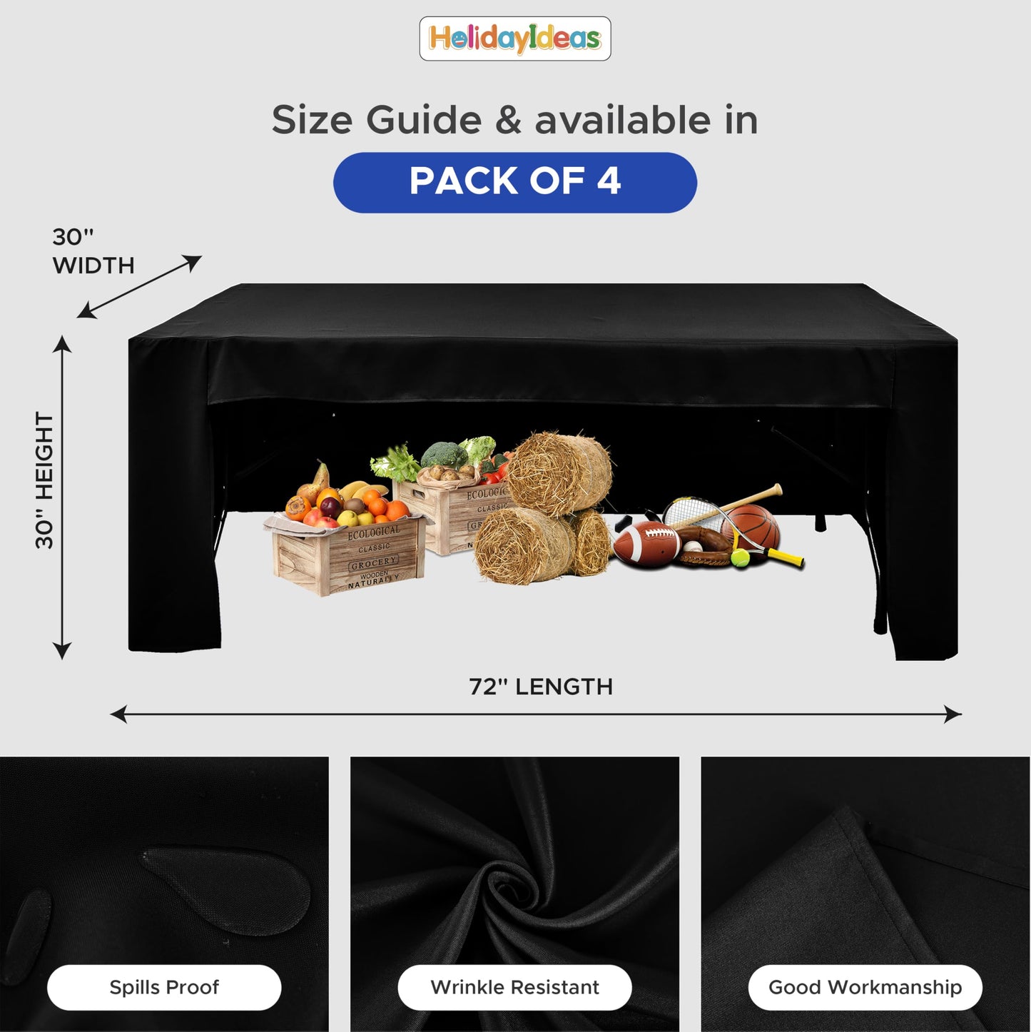 HolidayIdeas 4-Pack Open Back Table Cloths for 6 Foot Tables, Water Repellent Fitted Black Table Covers, 3-Sided Oxford Polyester Tablecloth for Vendor Booth, Craft Fairs, Registration Desk