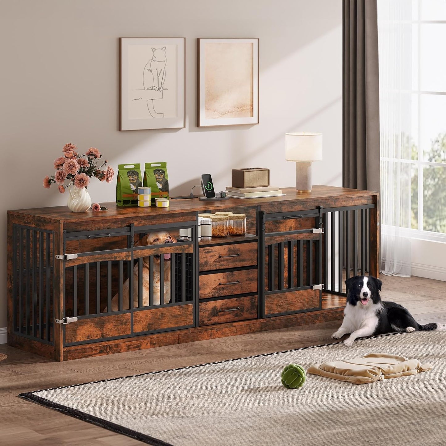 Homiflex Large Double Dog Crate Furniture with 3 Storage Drawers Farmhouse Dog Kennel TV Stand Indoor for 2 Large Medium Dogs Decorative Dog Cage with Sliding Barn Door & Power Outlets, 86.61"W, Brown