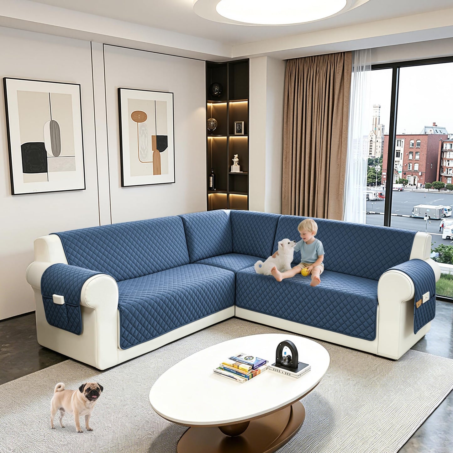 SYJOVIA Sectional Couch Covers for Dogs 100% Waterproof Corner L Shaped Sofa Cover Pet Friendly Velvet Washable Anti Slip L Shape Modular Sofa Slipcover Protector with Pockets (Blue, XX-Large)