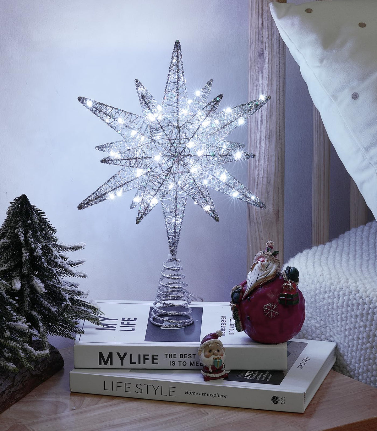 Luxspire Christmas Tree Topper, 3D Lighted Star Tree Topper with USB Plug-in & Remote Control, 9.6" Christmas Tree Star Lights for Home Holiday Decor, 6H Timer & 8 Lighting Modes, Silver