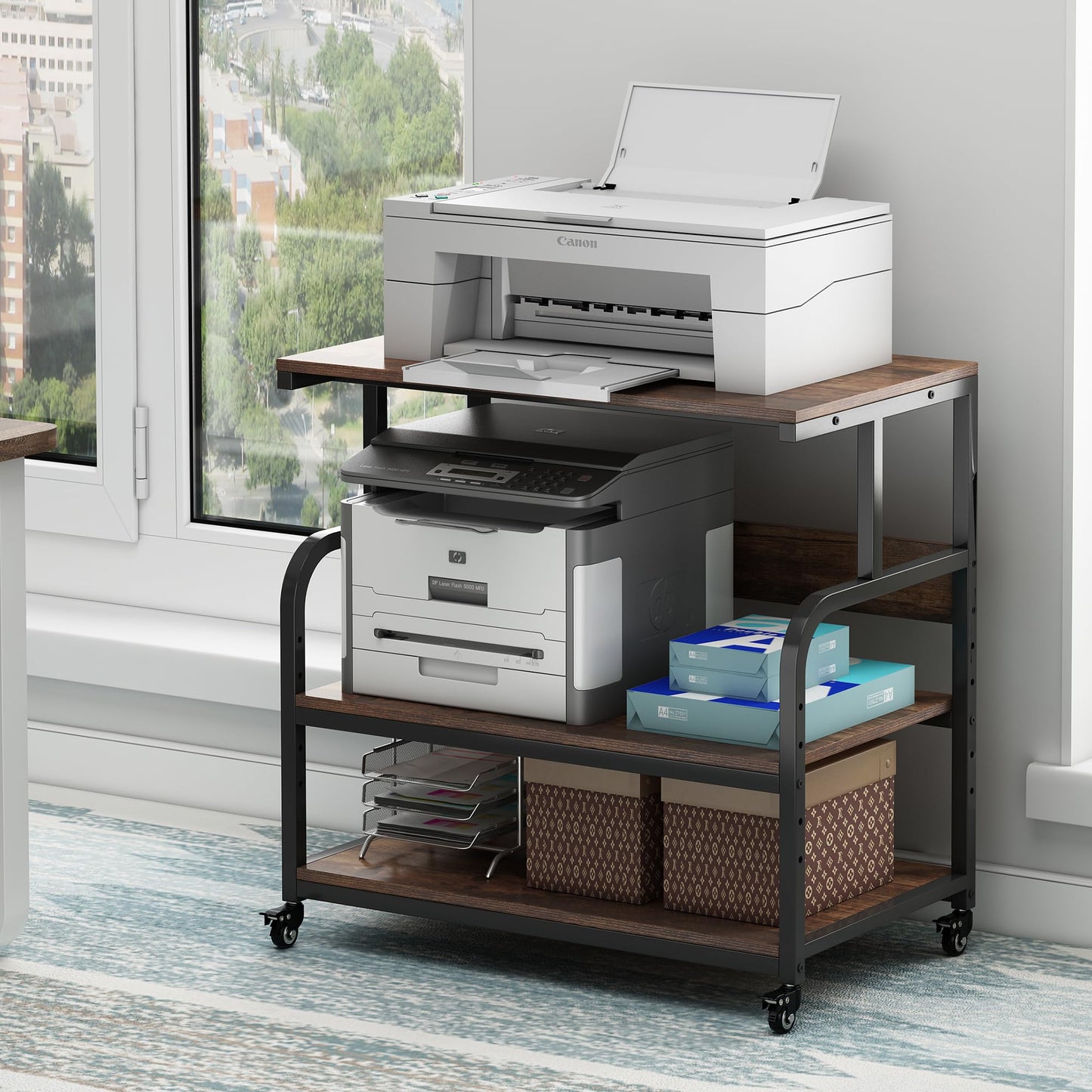 Fannova 32.3" Wide Extra Large Printer Stand, 3 Tier Printer Table with Adjustable Storage Shelf, Rolling Printer Cart with Industrial Wheels for Home Office, Rustic Brown