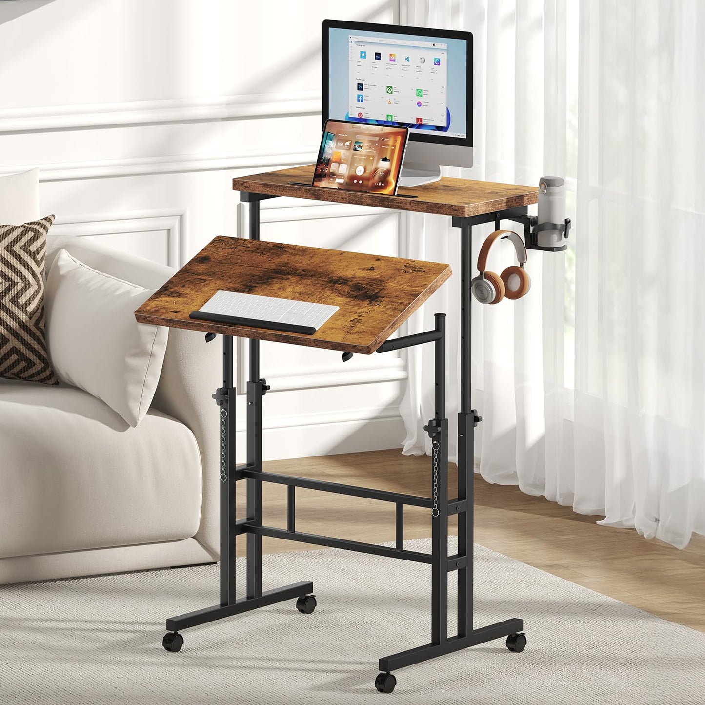 DUMOS Split Top Rolling Standing Desk 23.6 Inch Mobile Laptop Workstation Manual Height Adjustable Sit Stand Office Table Walking Pad Study Surface Portable Home Office Computer Cart Rustic Brown