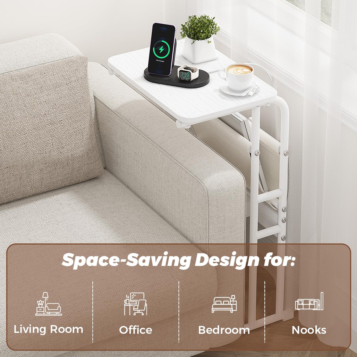 Olldide C-Shaped End Table with Charging Station and Storage Bag, Slide Under Couch Sofa Side Table, Metal Frame for Living Room, Bedroom, Small Space (White)