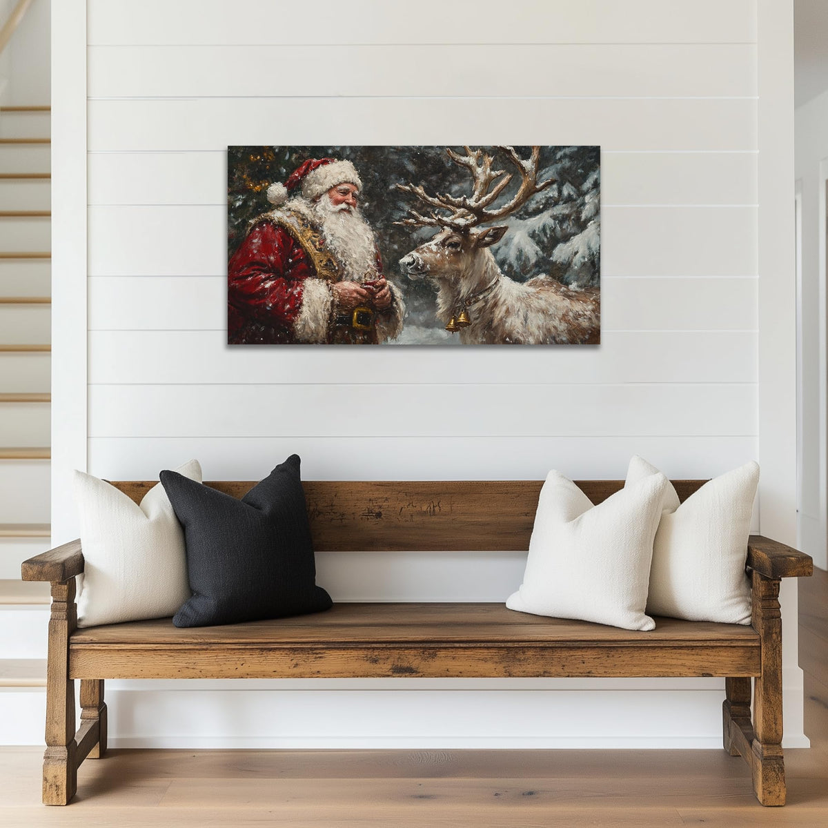 GUTTATY Christmas Canvas Wall Art, Santa and Reindeer Canvas Prints, Winter Forest Scene Wall Decor, Snowy Holiday Hanging Painting, Christmas Picture Poster for Living Room, Bedroom, 32x16 Inch