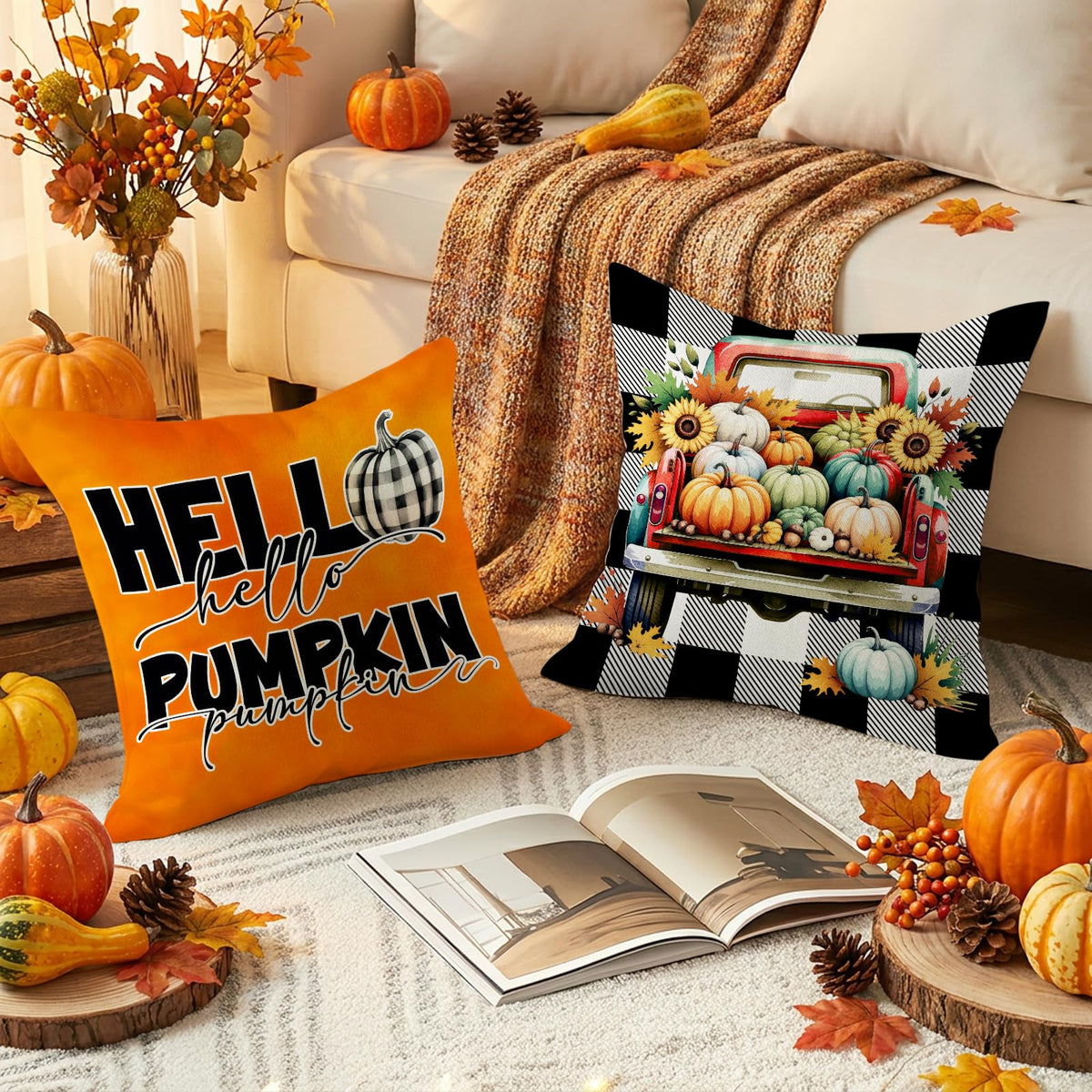 HDVUHKI Fall Pumpkin Pillow Covers 16x16 inch Set of 4, Linen Autumn Outdoor Thanksgiving Harvest Farmhouse Buffalo Check Truck Orange Decorations for Sofa Couch
