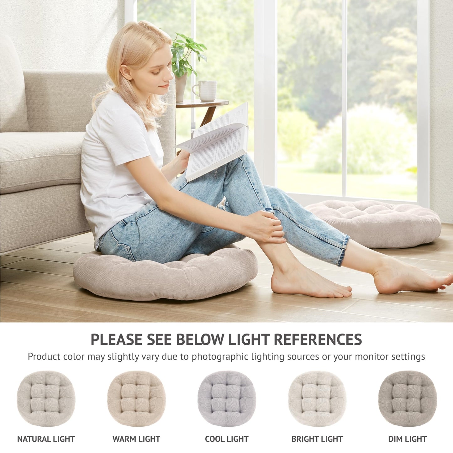 Degrees of Comfort Floor Cushion 6 Pack for Meditation, Office & Study Room – Corduroy Soft Seating Set, 22 Inch, High-Density Foam, Round Shape, Beige