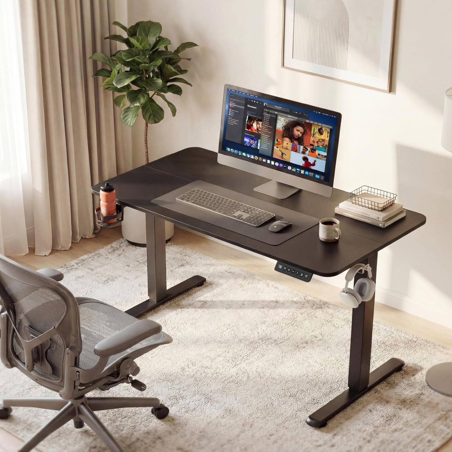 Furmax Electric Standing Desk, 45 x 24 Inches Height Adjustable Sit Stand up Desk, Memory Preset Computer Home Office Desks with Sturdy Metal Frame, Phone Stand Cable Management Hole (Black, 45'')