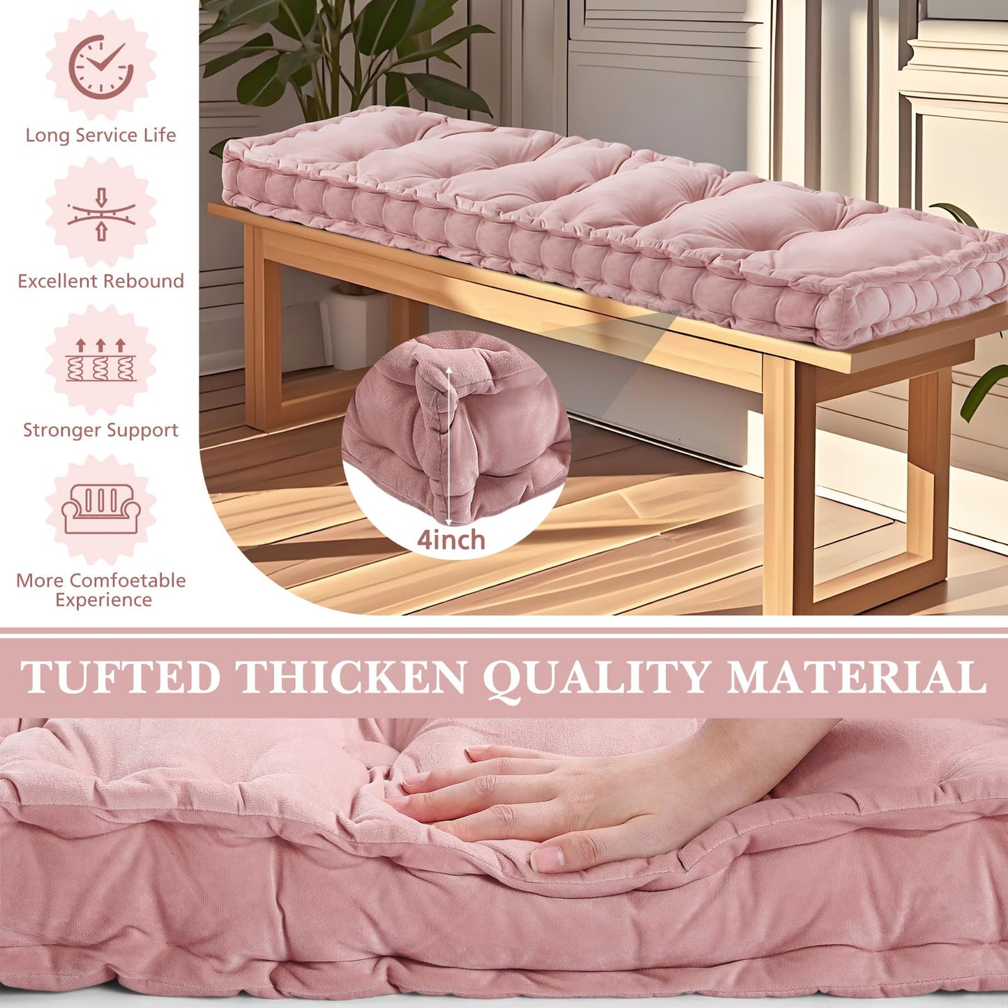 Threehoney Bench Cushions for Indoor Furniture 42x16 in Velvet Kitchen Dining Piano Window Seat Cushion, Tufted Patio Porch Swing Thicken Bench Pad Memory Foam(Pink)