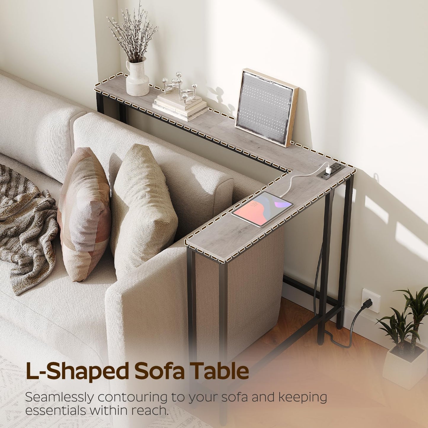 YATINEY Narrow Console Table with Outlets, 70.9" Sofa Table Narrow Long, L Shaped Behind Couch Entryway Table with Charging Station, for Living Room, Hallway, 3 Assembly Options, Greige CT07UBG