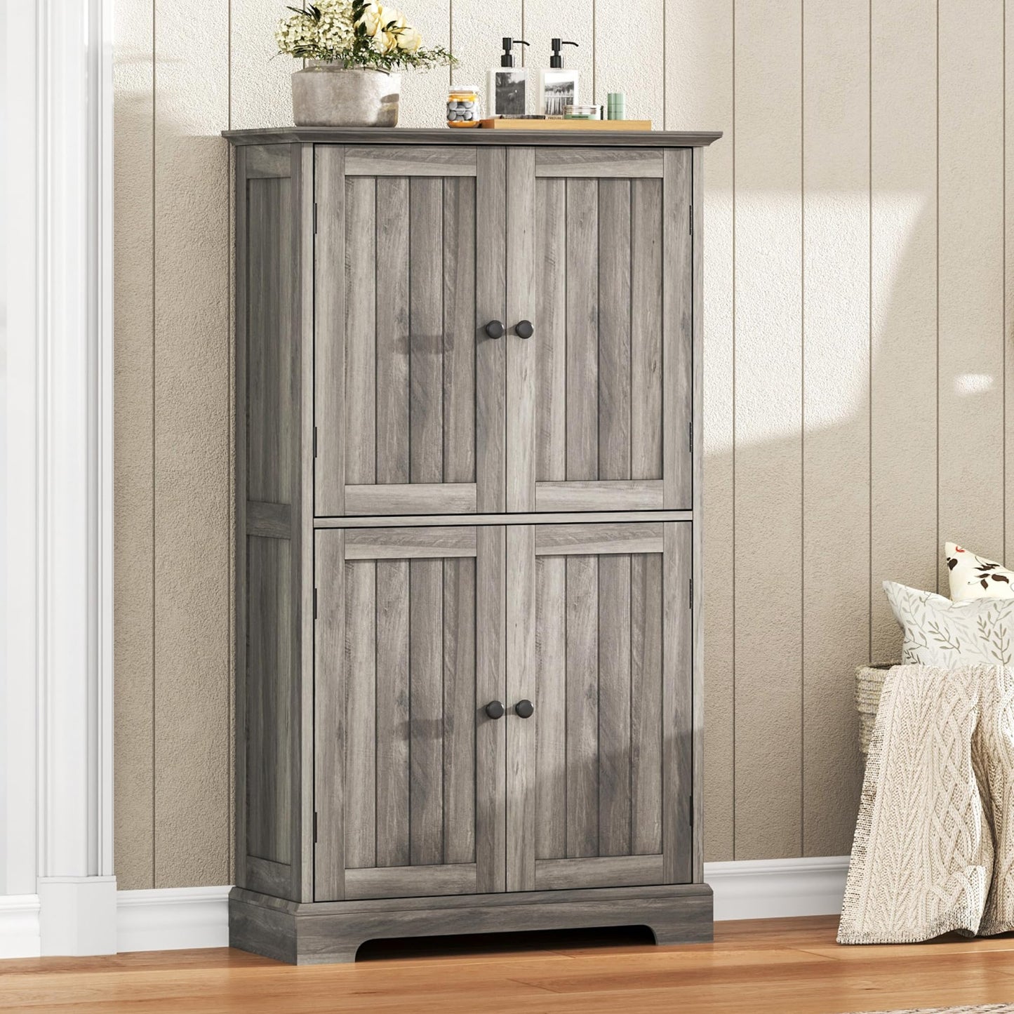 ChooChoo Bathroom Floor Cabinet, Farmhouse Bathroom Storage Cabinet with 4 Doors and Adjustable Shelves, Pantry Cabinet for Living Room, Kitchen, Retro Grey