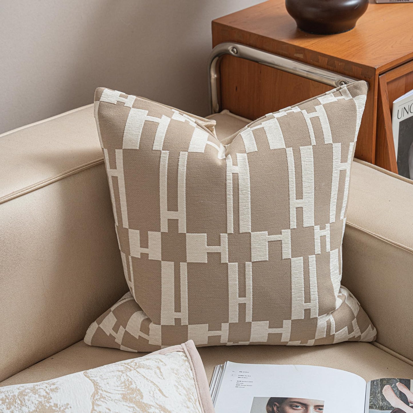 Croker Horse New 20x20'' inches Throw Pillow Cushion Covers - Beige H Letter Chenille Jacquard Embroidery Luxury Modern Style Couch Sofa Bed Pillow Cover for Living Room Bedroom
