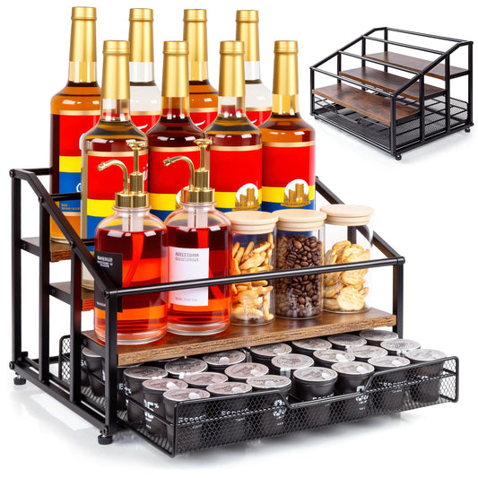 kimilus Coffee Syrup Rack Organizer, 4-Tier 12 Bottle Syrup Rack with 35 K Cup Drawer for Coffee Bar, Countertop Bottle Holder Stand for Dressing for Kitchen Cafe Station