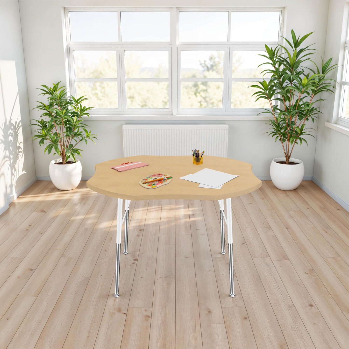 FDP Clover Thermofused Activity School and Classroom Table (48 inch) with Modern Woodgrain Laminate Top, Standard Swivel Glide Legs, Adjustable Height 19-30 inches - Maple Grain/White