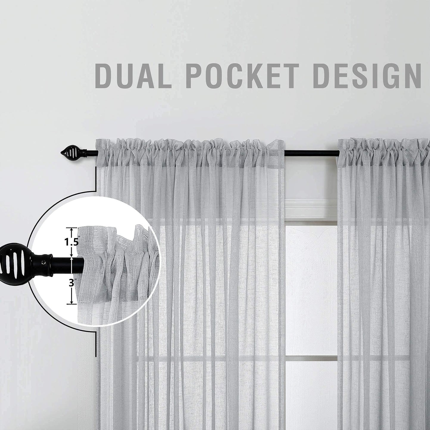 KOUFALL Grey Curtains 84 Inches Long for Bedroom Set 2 Panels Pair Rod Pocket Window Translucent Faux Linen Drapes Light Filtering Semi Sheer Gray Opaque Curtains for Living Room 52x84 Inch Length